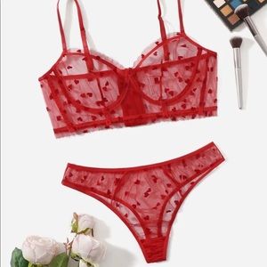 Plus Heart Pattern Mesh Underwire Lingerie Set
